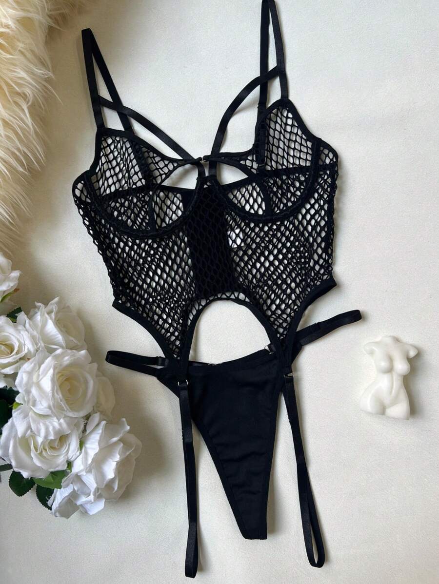 Women Strappy Cut Out Bra Fishnet Teddy Corset Lingerie