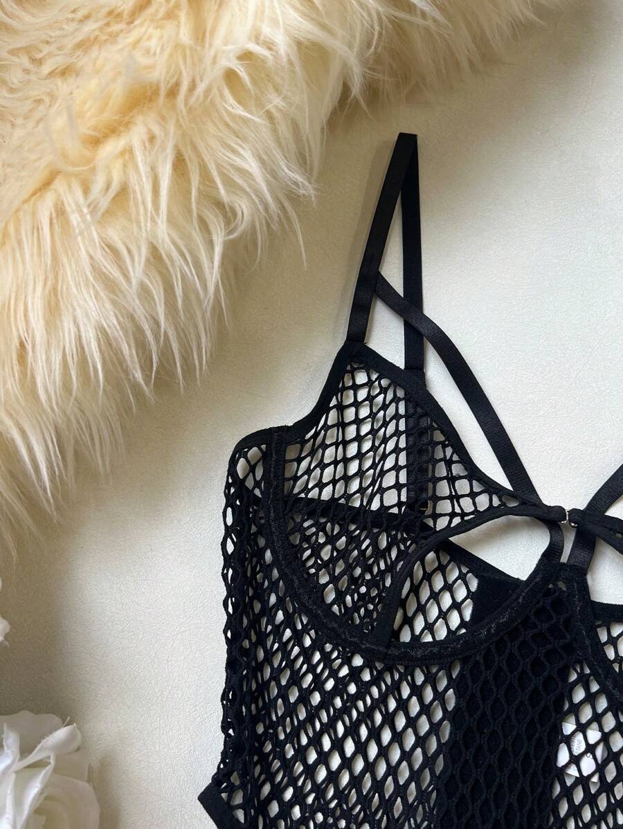 Women Strappy Cut Out Bra Fishnet Teddy Corset Lingerie